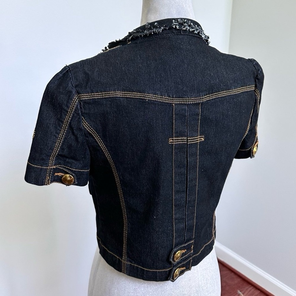 BISOU BISOU Dark Denim Gold Hardware Button Up Cropped Sexy Top Jacket Small - Picture 8 of 12